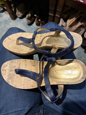 Chaps Navy Blue T-Strap Cork-Print Sandals